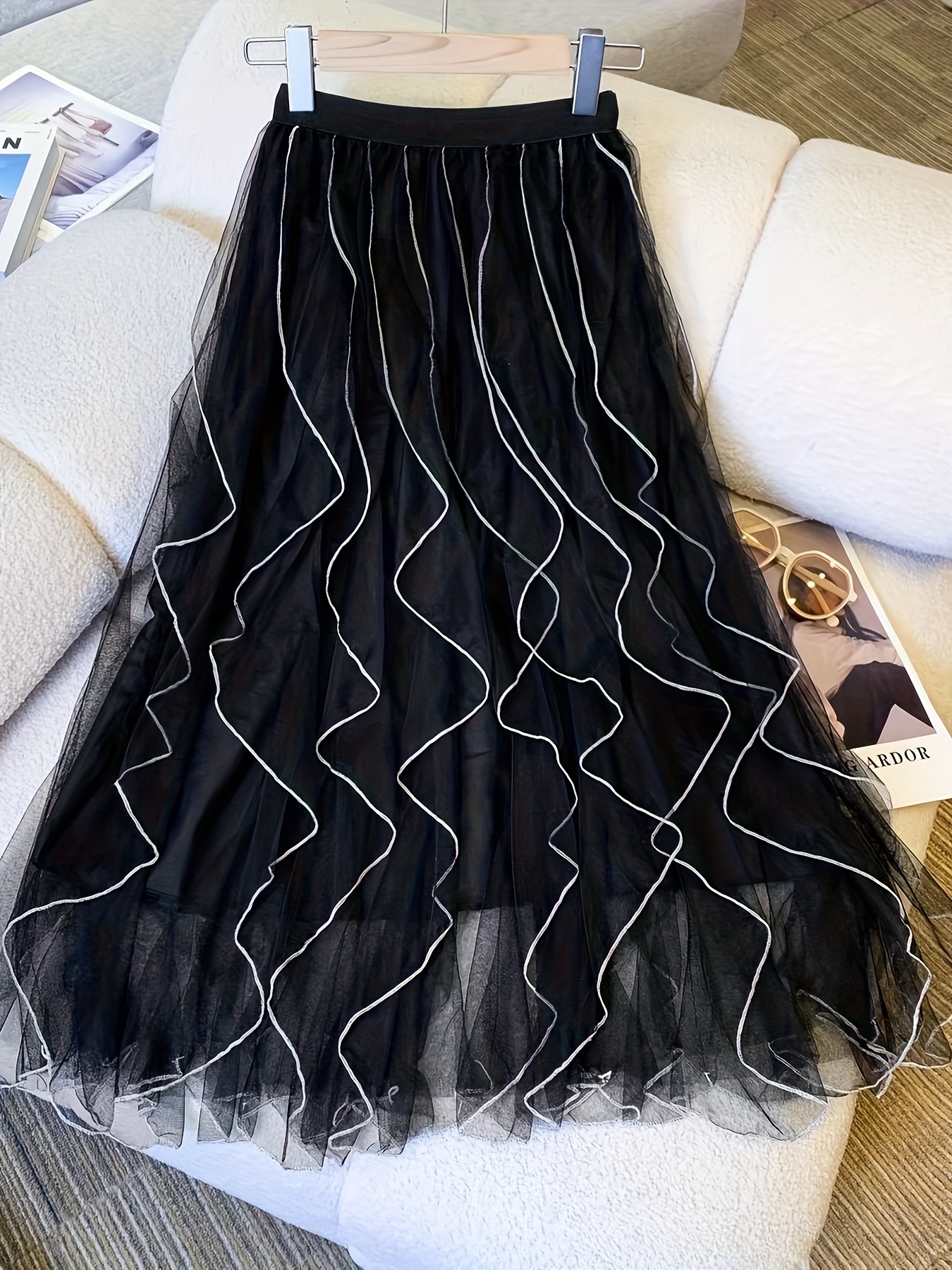 Chokolate Layered Mesh Skirt With Silk Bow & Elastic Waist Navy
