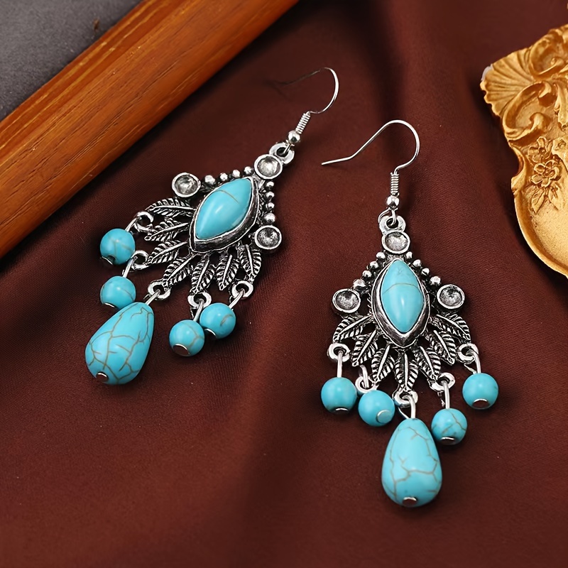 

Vintage Turquoise Inlaid Dangle Earrings Retro Bohemian Style Zinc Alloy Jewelry Trendy Female Earrings