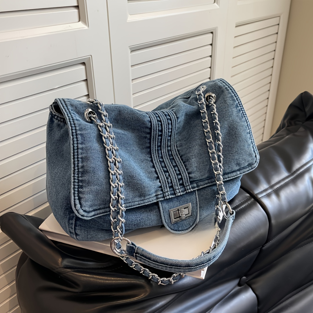

Fashionable Denim Solid Color Crossbody Bag, All-match Flap Shoulder Bag, Perfect Underarm Bag For Commuting