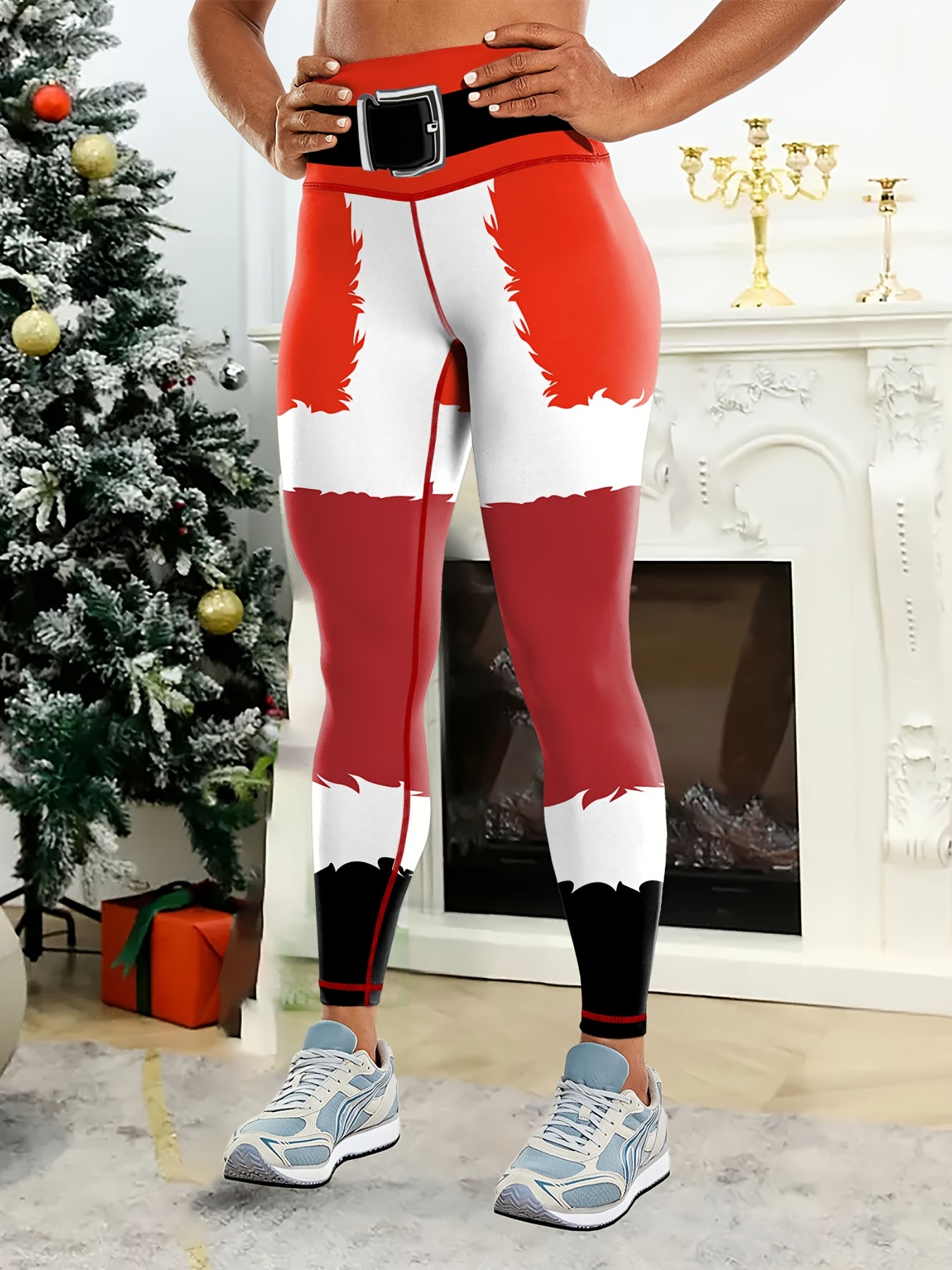 Candy Cane Leggings Women, Red White Striped Printed Yoga Pants Holida