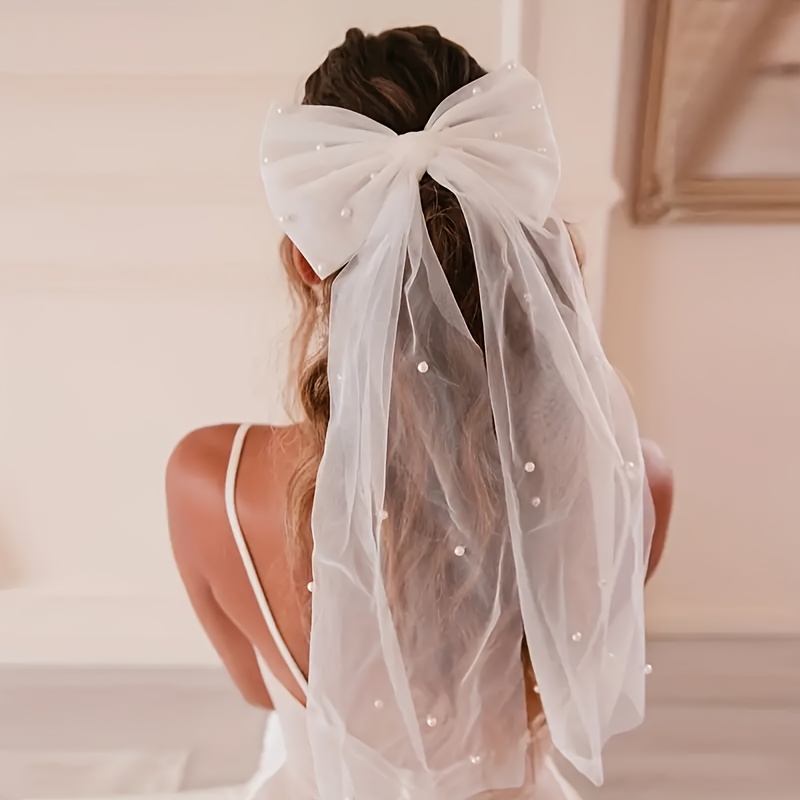 Romantic Bow Veil Decorated Faux Pearls Head Veil Bridal - Temu