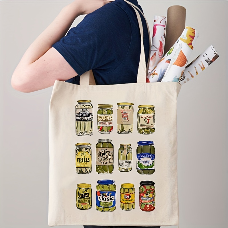 Pickle Pattern Tote Bag, Trendy Casual Shoulder Bag, Vintage Canned Pickles Tote Bag, Funny Shoulder Bags