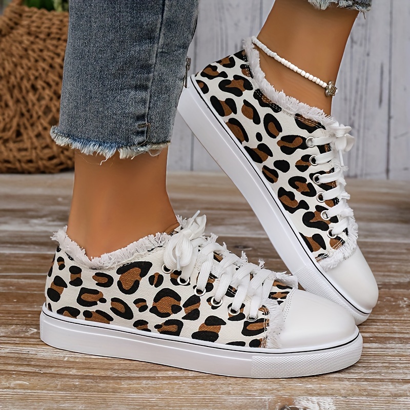 Women's Leopard Print Sneakers Stylish Lace Flat Sneakers - Temu