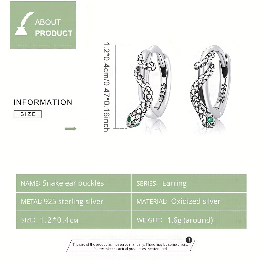 925 Silver Snake Ear Buckles Green Zirconium Hoop Earrings