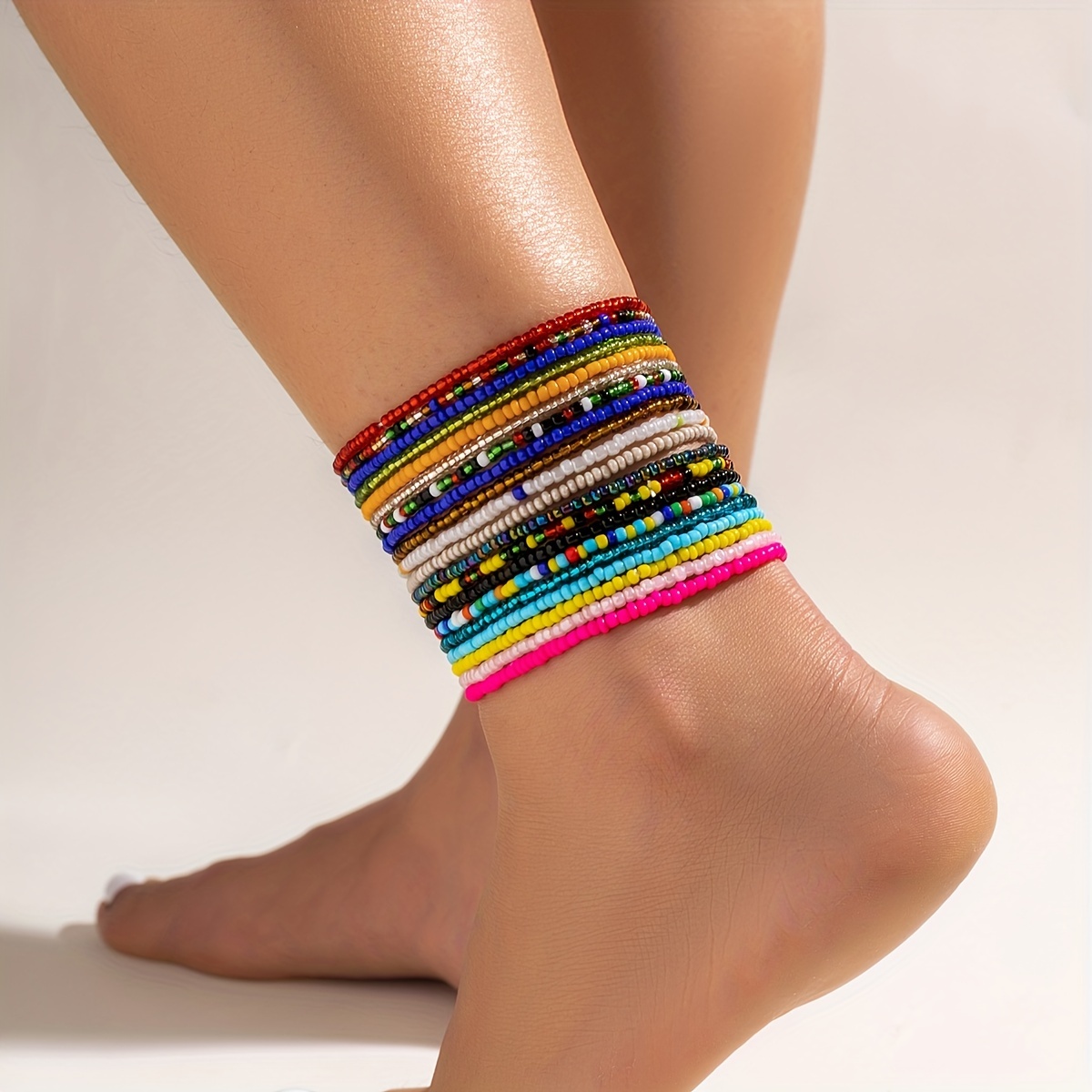 20 Pcs Stackable Beaded Anklet Set, Summer Foot Jewelry