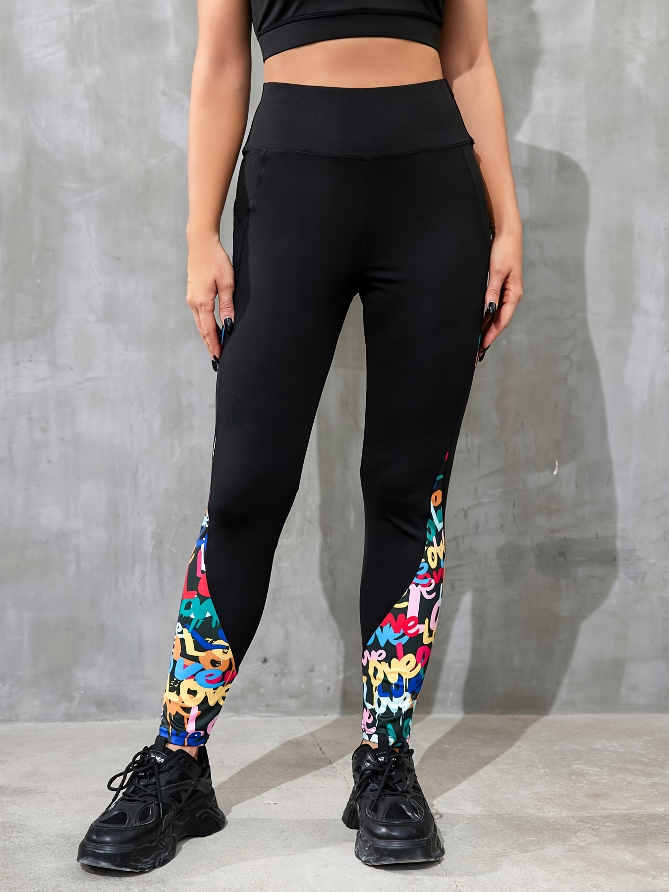 High Waist Letter Print Leggings with Mesh Pockets