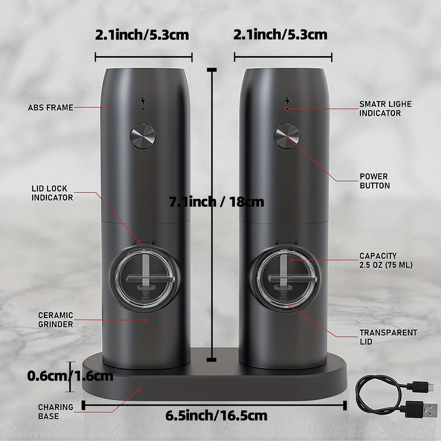 Electric Salt and Pepper Grinder Set 2 Mills Rechargeable with Charging  Base USB