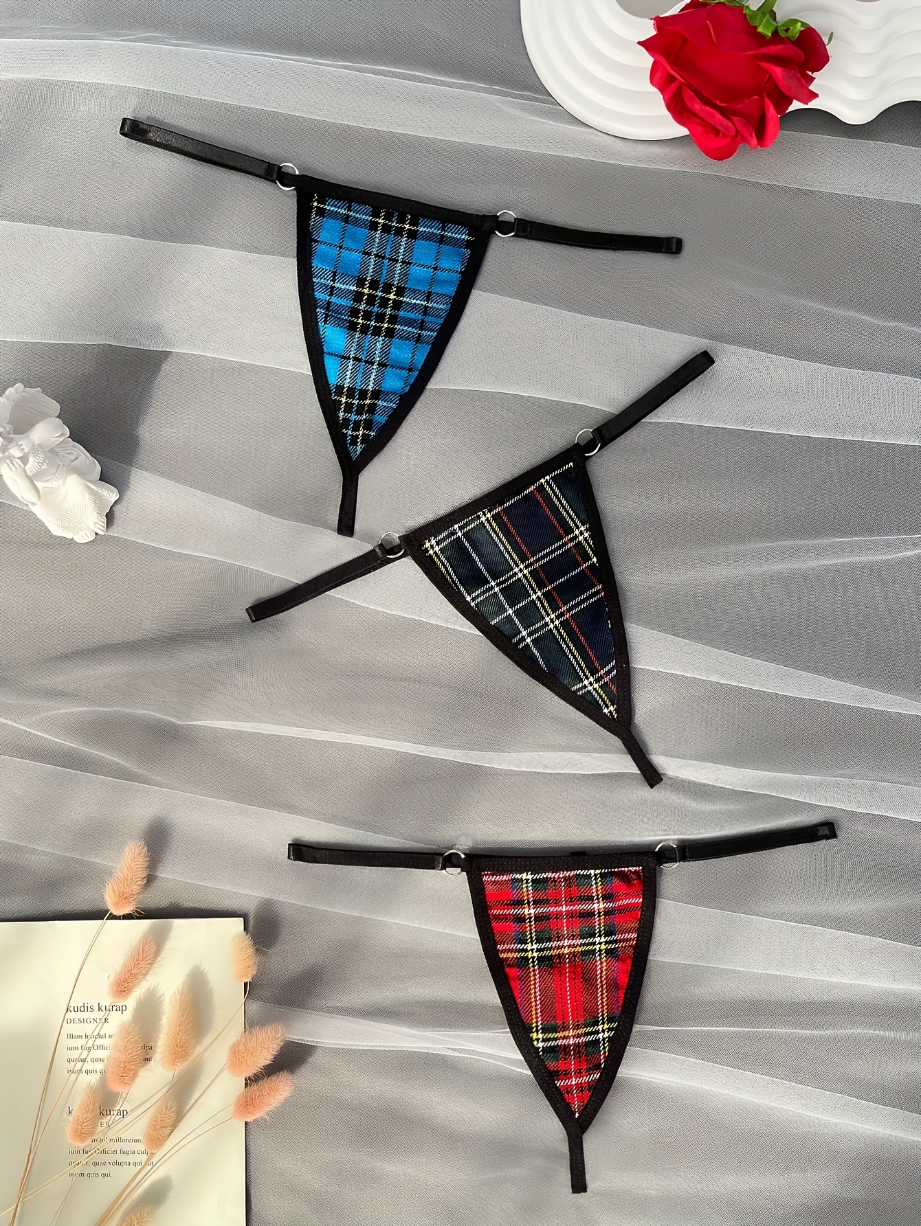 3pcs Plaid Print Ring Decor Thongs, Intimates Panties, Women's Sexy  Lingerie & Underwear