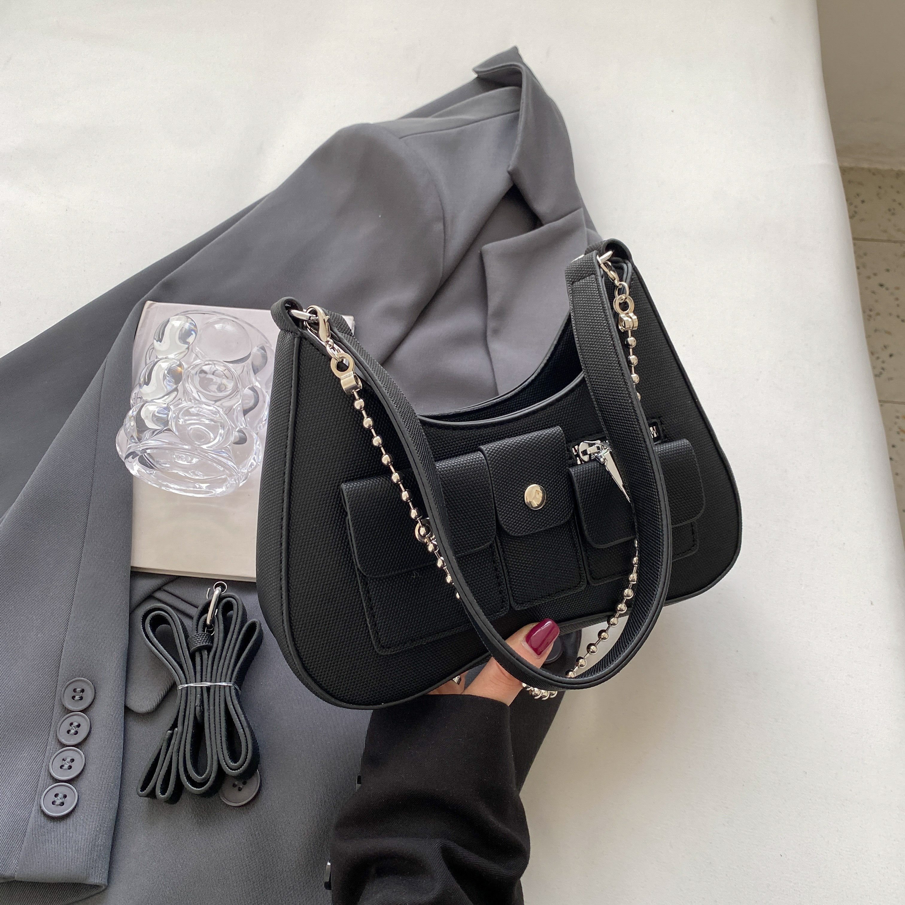 Solid Color Trendy Shoulder Bag, Pu Leather Versatile Underarm Bag