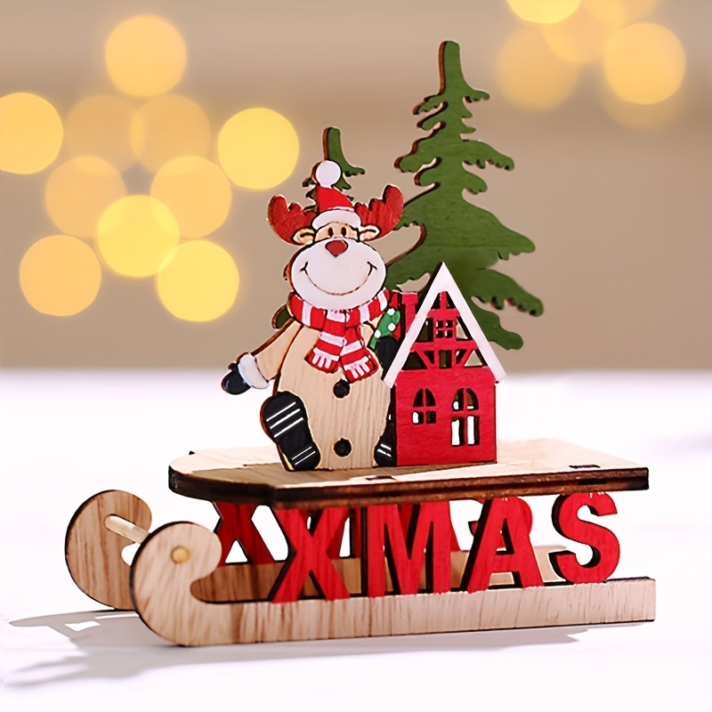 1pc Christmas Elk Sleigh Decoration Supplies Wooden Diy Sleigh Ski ...