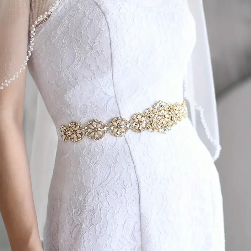 Classic Golden Slimming Girdle Imitation Pearl Rhinestone Flower Waist Band  Elegant Bridal Wedding Dress Belt Accessories