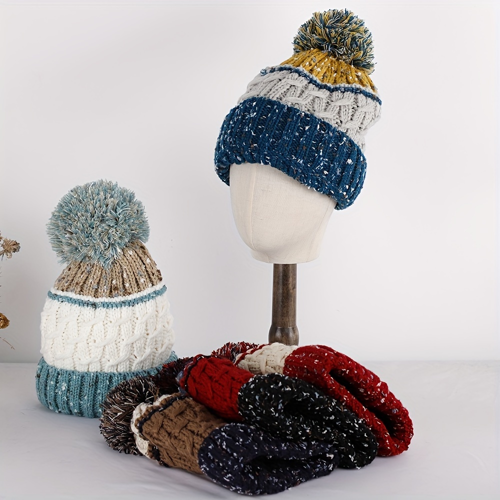 Striped Plaid Knitted Hat Plus Velvet Thickened Warm Wool Hat