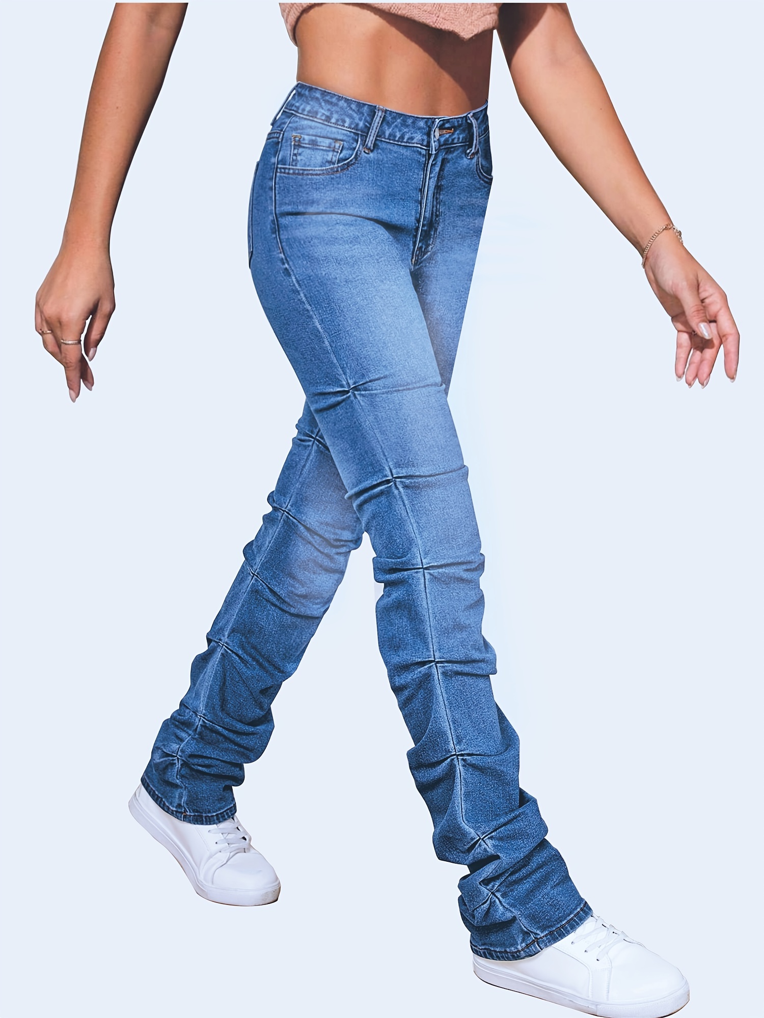 High Waist Solid Color Stacked Jeans Stretchy Pleat Zipper - Temu