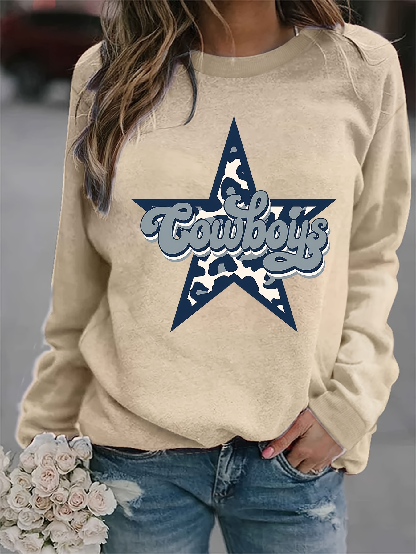 Ladies Dallas Cowboys Printed Crewneck Sweatshirts