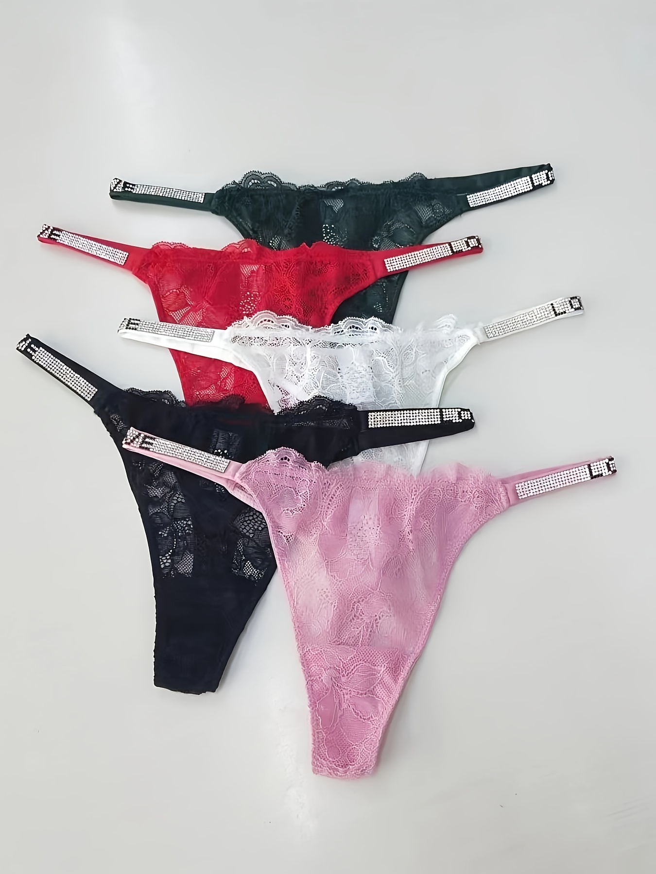 Hot Plain Red Lace Bra & Thong Panty, Bow Rhinestone Decor Spaghetti Strap  Bra & Low Waist Panties Lingerie Set, Women's Lingerie & Underwear