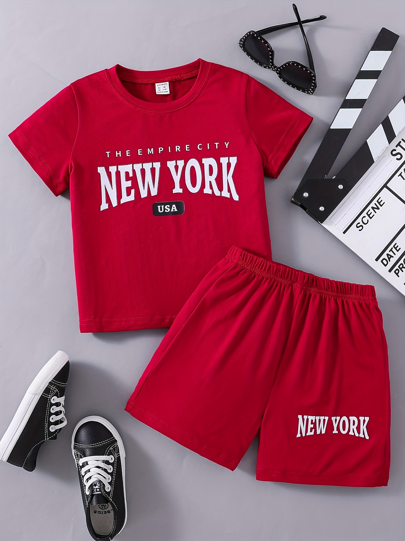 Girls 2pcs T Shirt Elastic Waist Shorts New York 19 Print Color