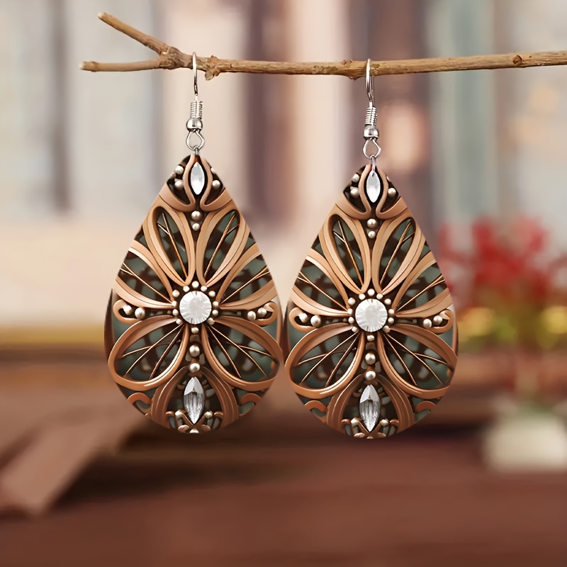 Arts Flowers Hollowed Print Wooden Teardrop Earrings Retro Gorgeous Pendants Dangle Jewelry For Girls Women Gifts