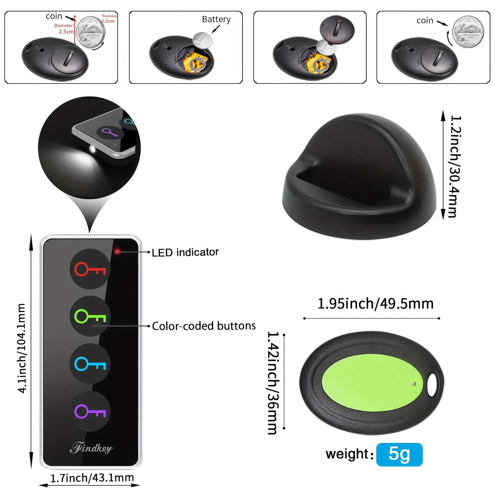 Key Finder, 80db Rf Item Locator With 131ft Working Range And Led