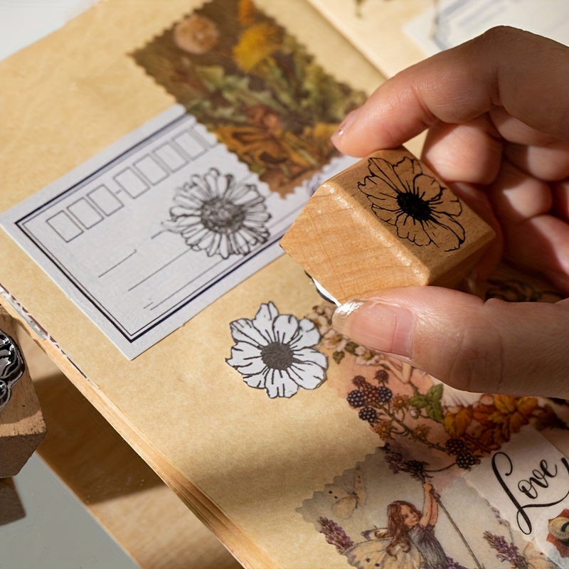 Dizdkizd 8 Pieces Rubber Stamps, Vintage Wooden Stamps Set with  Plants＆Flowers for DIY Craft Scrapbooking and Planners