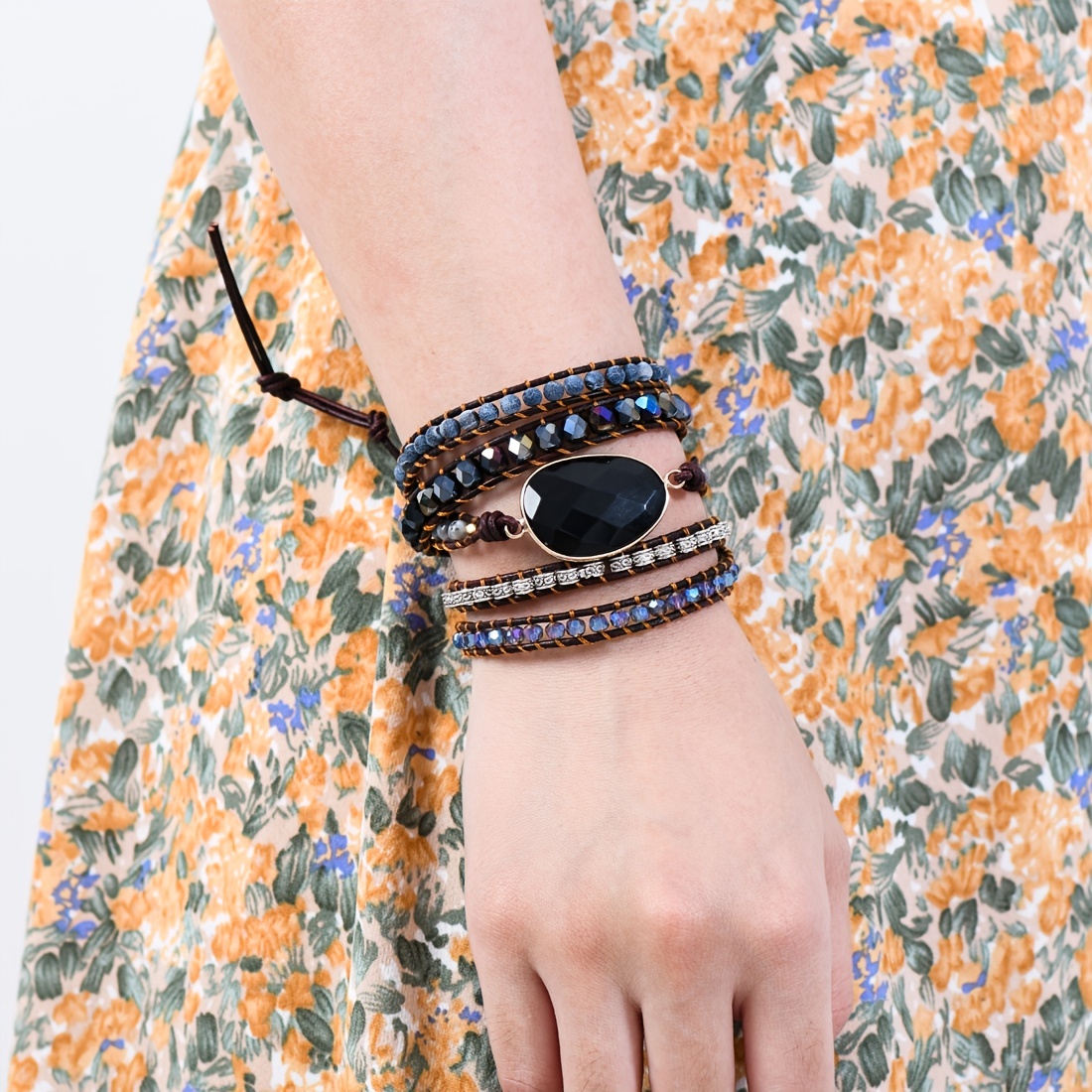Boho Style Wrap Bracelet, Crystal Natural Stone Beads
