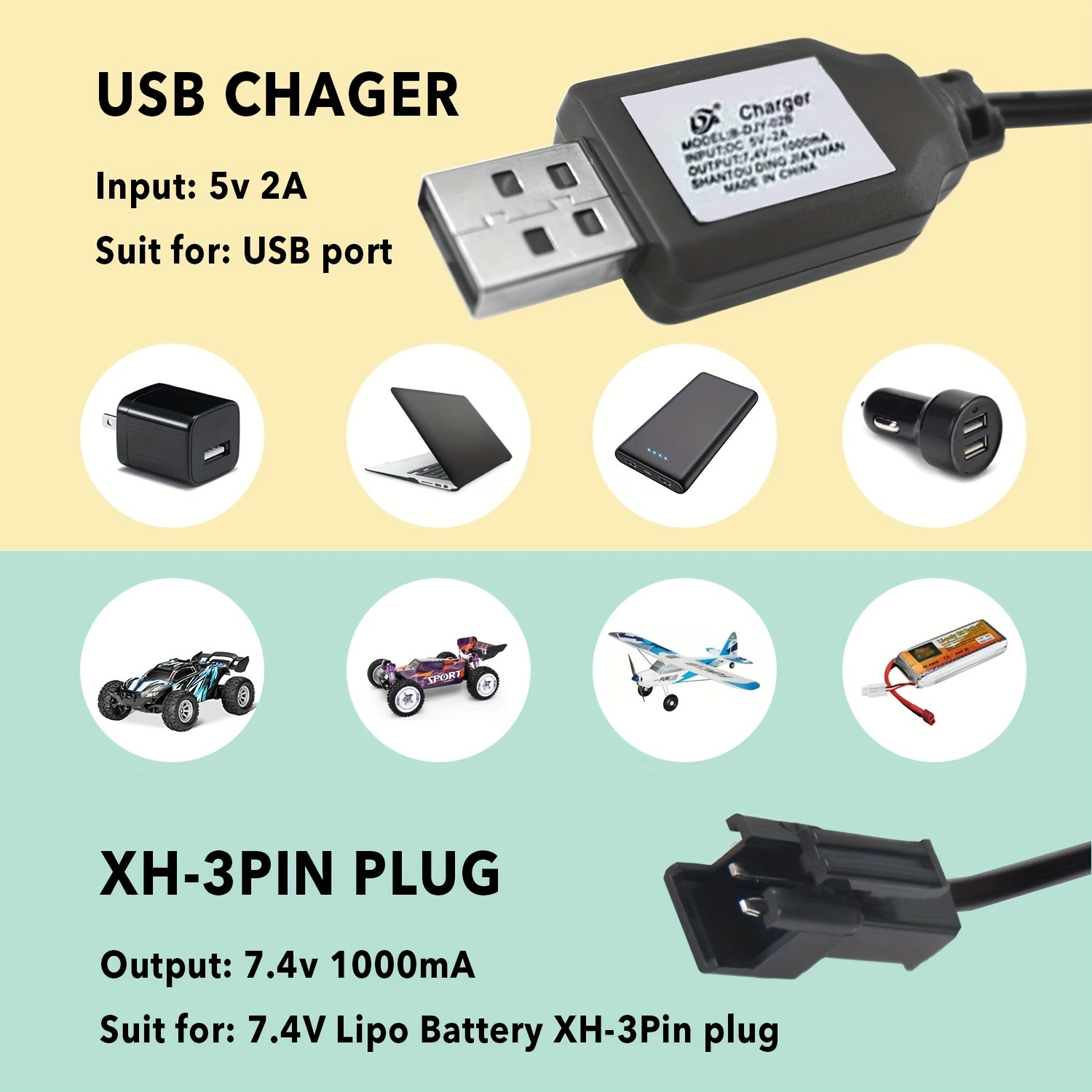 3.6V, 7.2V Câble De Charge USB Universel, Câble De Charge De Batterie De  Voiture Télécommandée SM-2P, Câble De Charge De Batterie De Jouet