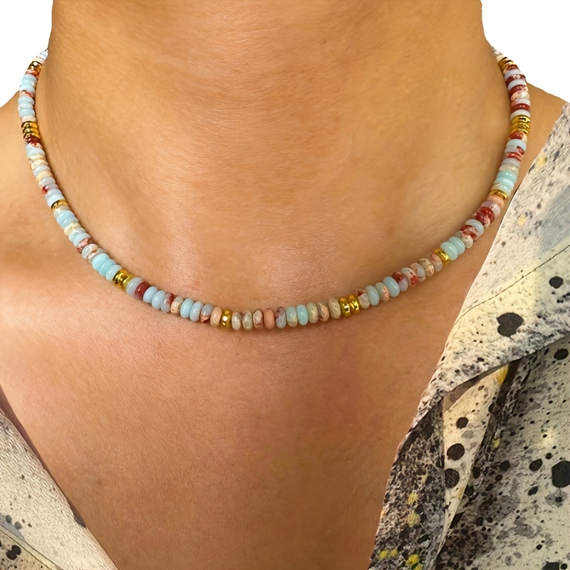 

Luxury Colorful Natural Stone Beaded Necklace Snake Bone Chain Necklace Boho Ethnic Style Necklace