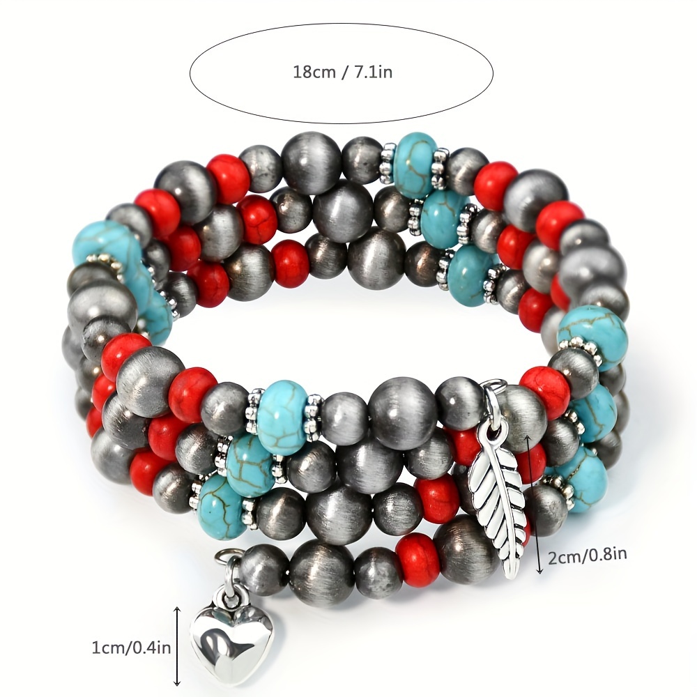 Western Style Vintage Navajo Pearl Red Blue Turquoise Beads Triple Layer Bangle Charms Bracelet for Women,Temu