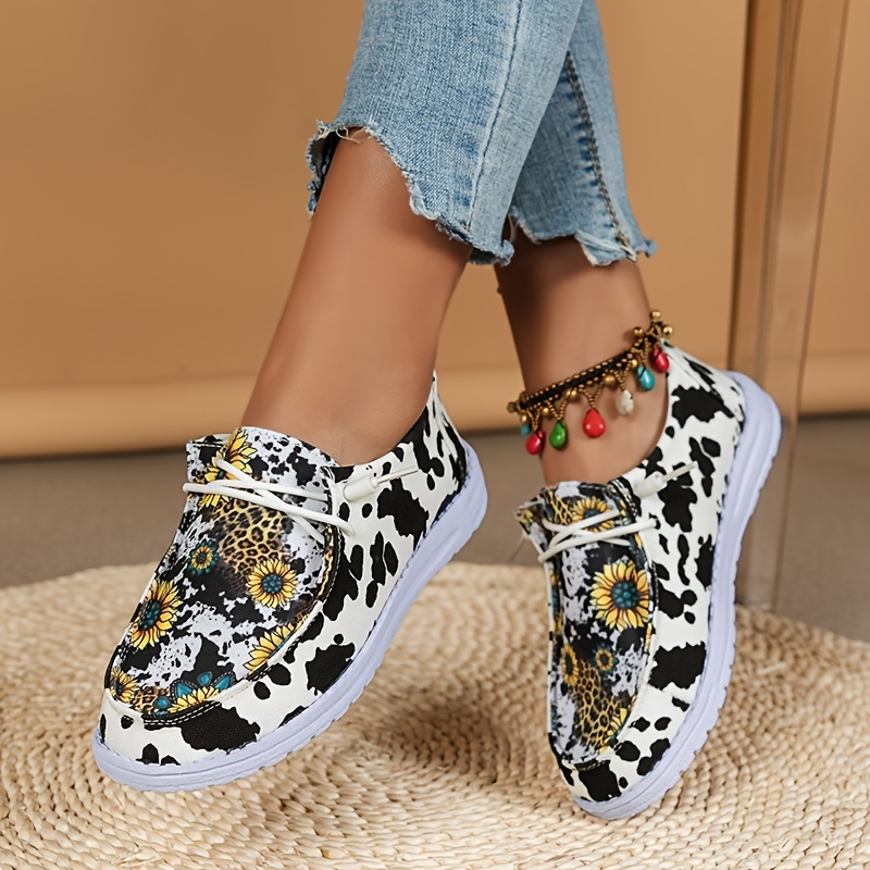 

Women's Sunflower & Cow Print Canvas Shoes, Flat Slip On Shoes, Lightweight & Comfortable Shoes
