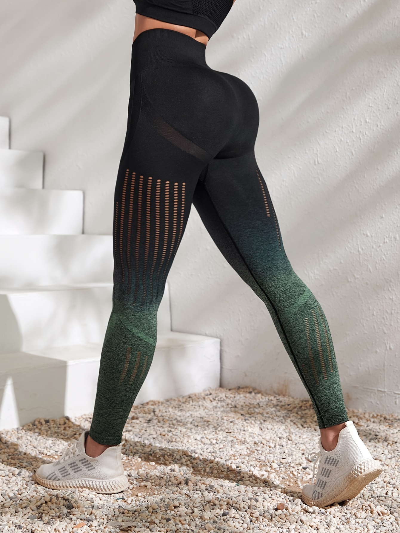 Womens Leggings Size Medium Black Mint Green Ombre Wide Waistband yoga  pants 