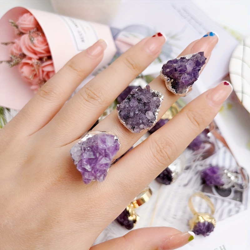 Irregular Raw Amethyst Cluster Ring for Men, Adjustable