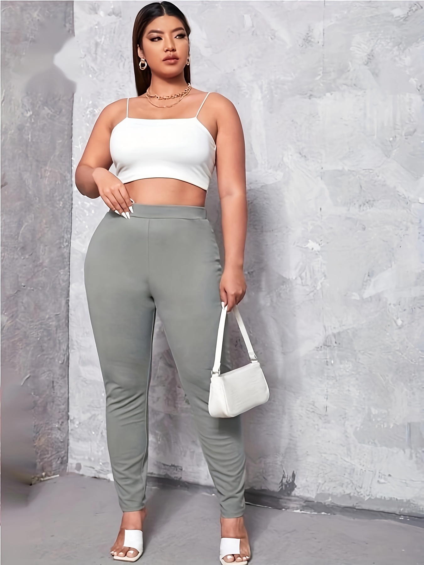 Plus Size Solid Pocket Leggings, Casual High Waist Stretchy Leggings,  Women's Plus Size Clothing