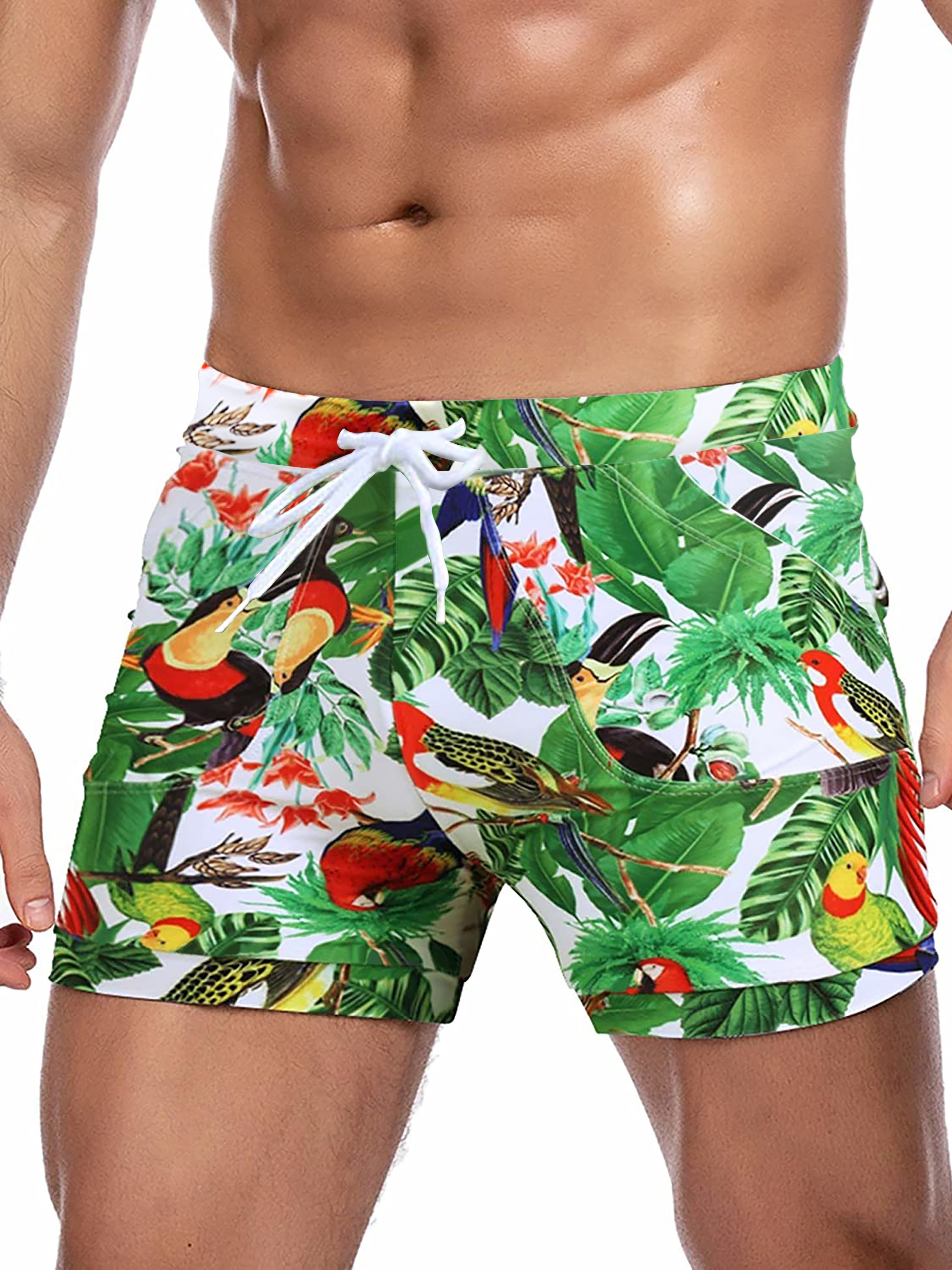 Men's Swim Boxers Parrot Print Hawaii Style Swimsuit Shorts - Temu