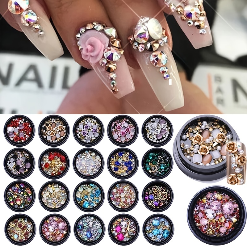 nail art designs, with rhinestones, pink, flowers, gems, bling bling, crystals, diam…