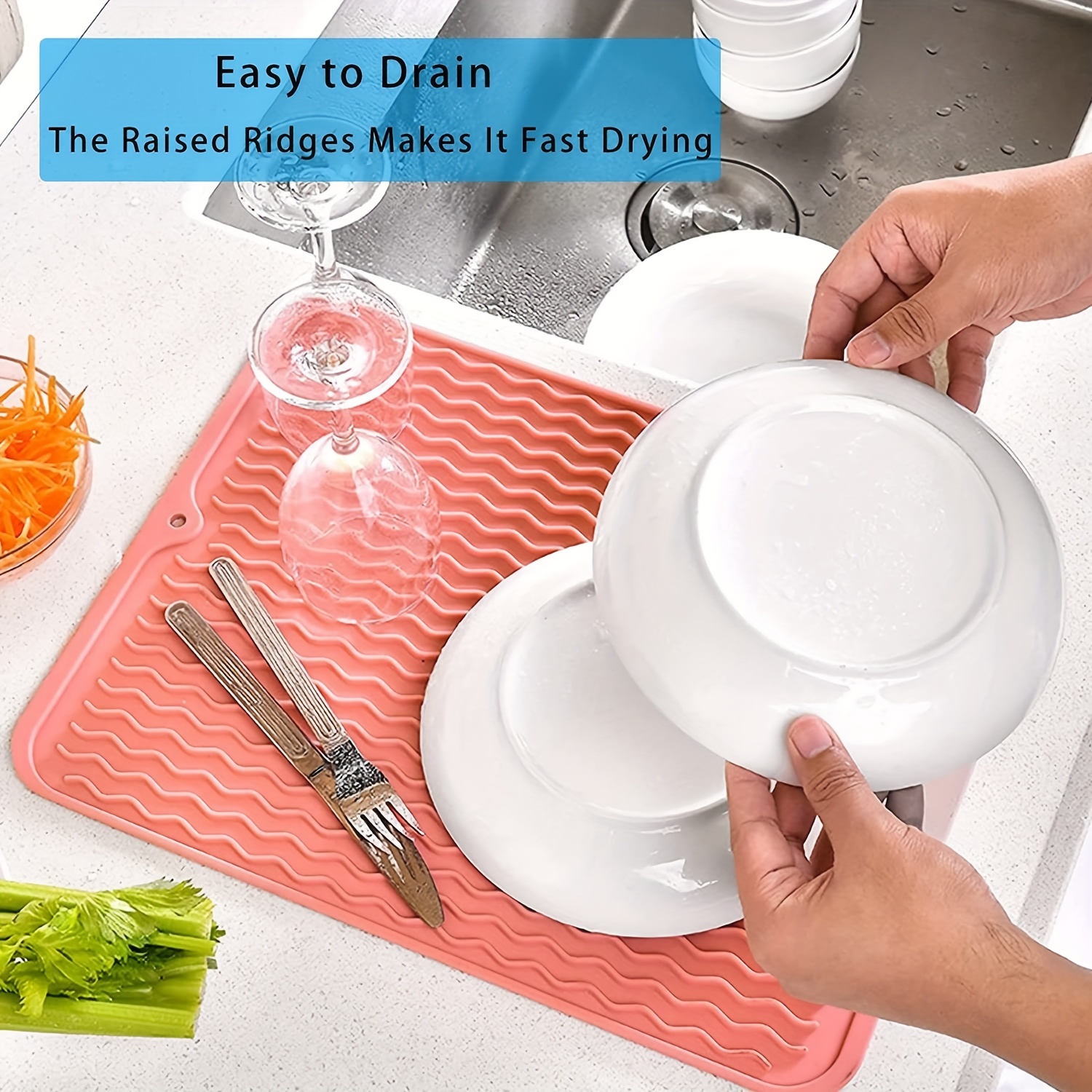Silicone Dish Drying Mat - Drain Hole, Non-Slip, Heat Resistant, Foldable.  Great for Dishes, Kitchen Sink, Counter Top, Fridge Drawer Liner or Trivet