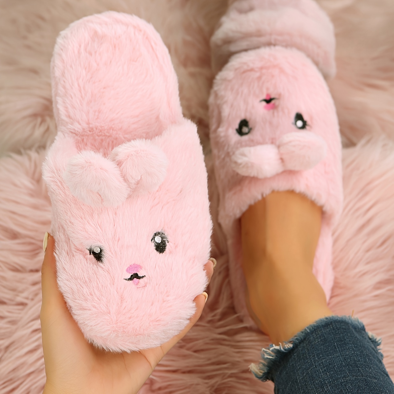 Fluffy Pink Bunny Plush Slippers