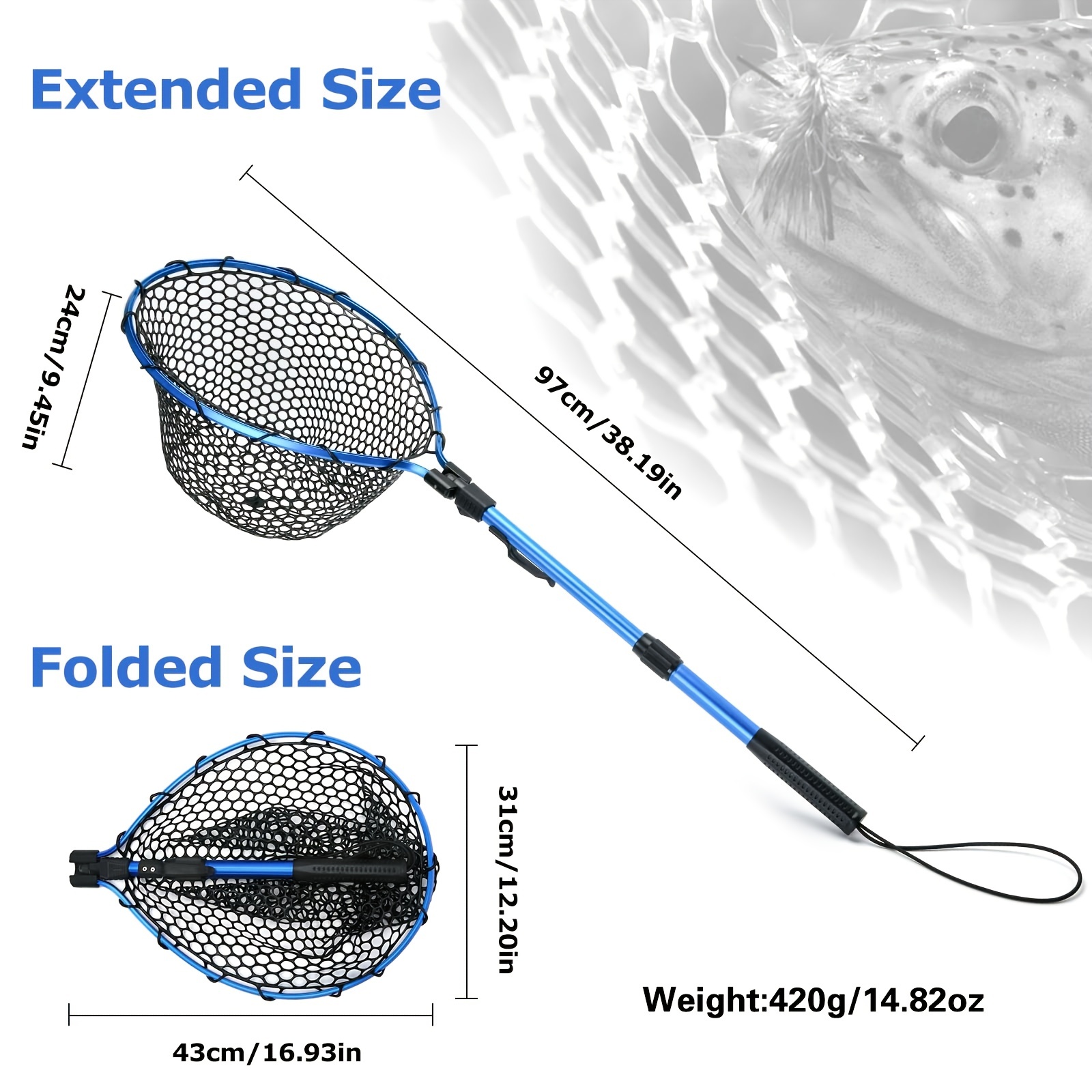 * 1pc Fishing Net, Collapsible Telescopic Pole Blue Rubber Net, Folding  Extend Landing Net For Saltwater Freshwater Fishing
