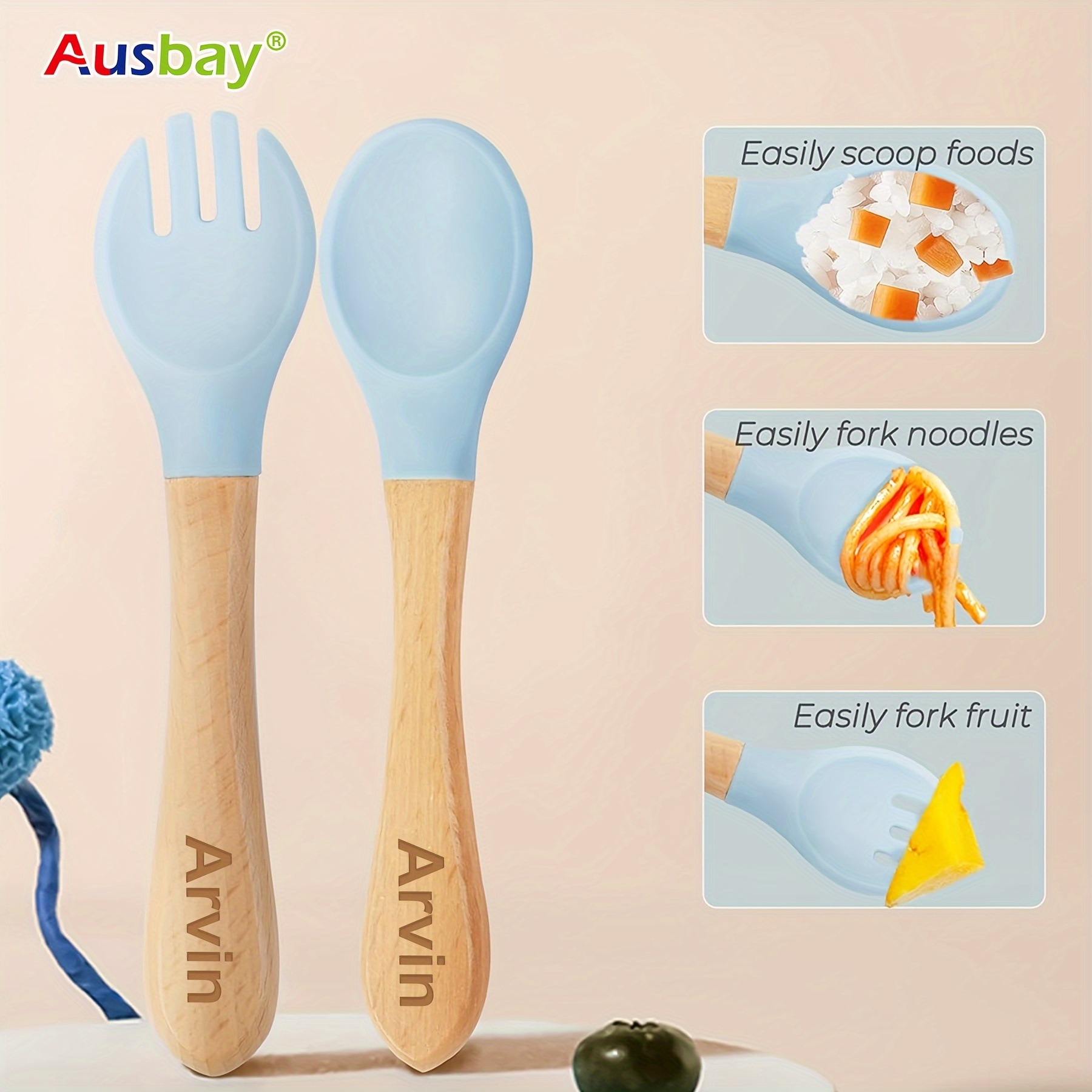 

2pcs, Customized Training Spoon Fork Cutlery Set With Name, Durable And Safe Fork, Food Grade Silicone Spoon Fork With Personalized Name Handles