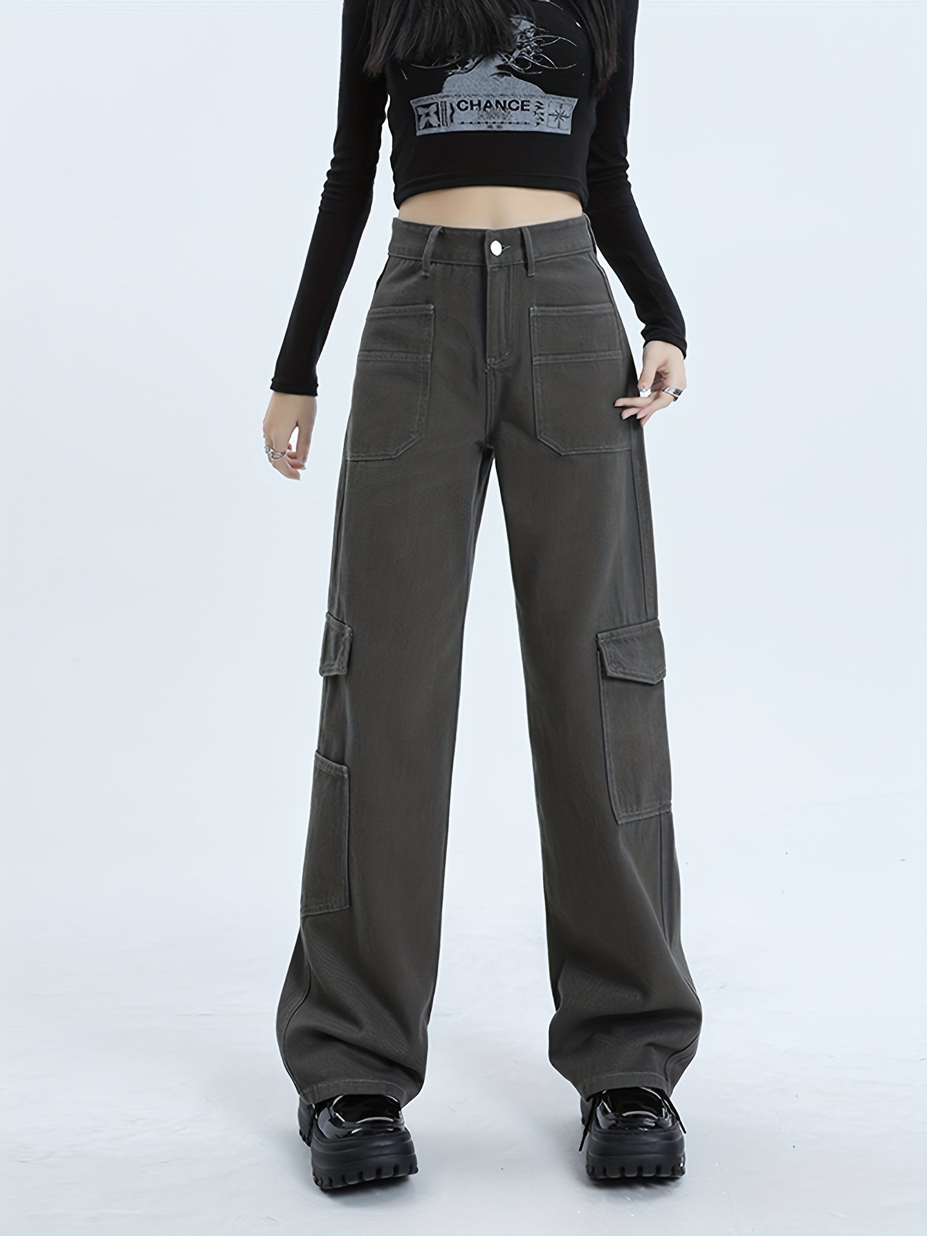 High Waist Flap Pocket Whip Stitch Cargo Jeans  Women denim jeans, Womens  black cargo pants, Straight jeans