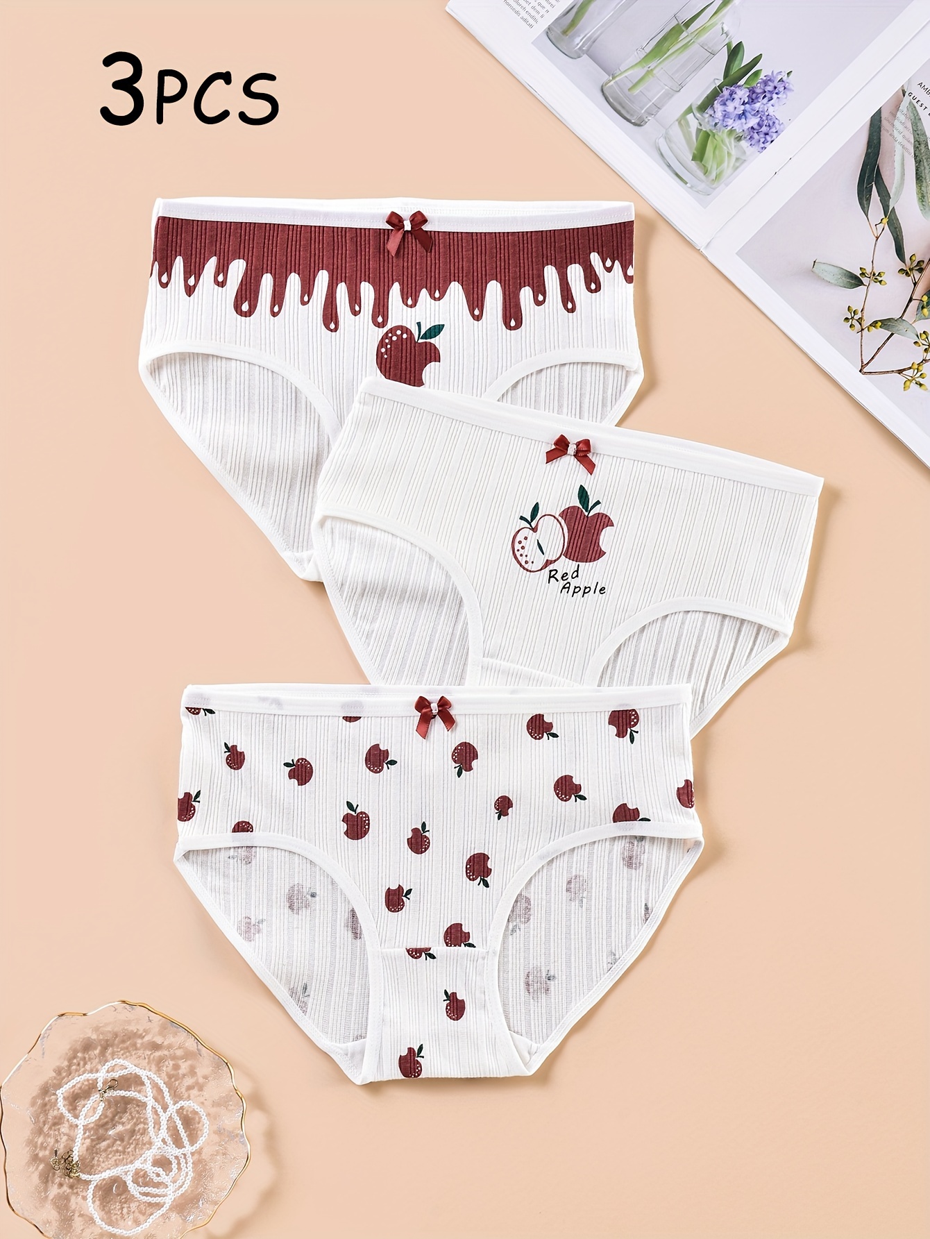 3Pcs Women'S Cotton Briefs Cherry Embroidery Panties Underwear
