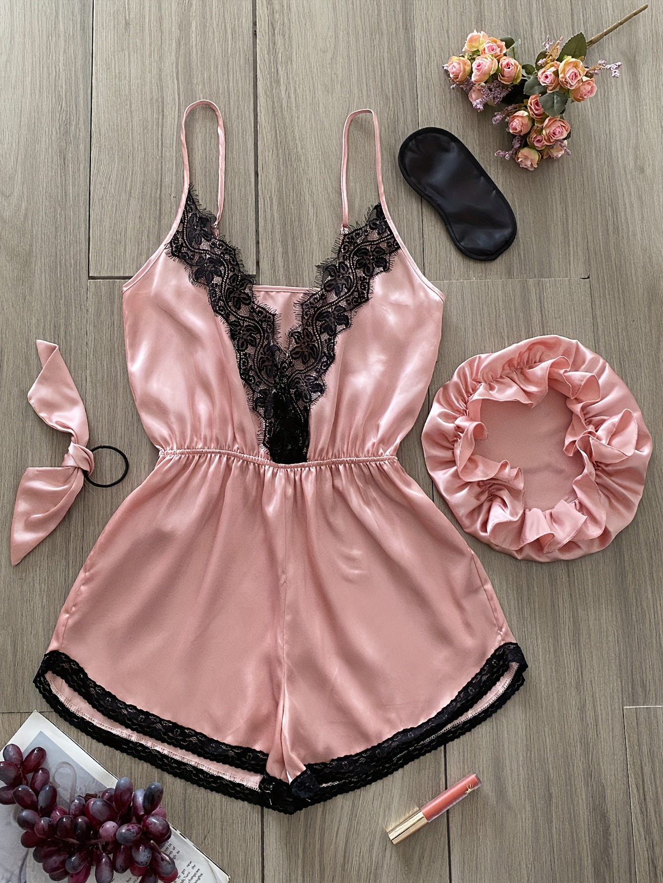 Hot Pink Lacy Satin Lingerie Loungewear Camisole Bodysuit Nightie