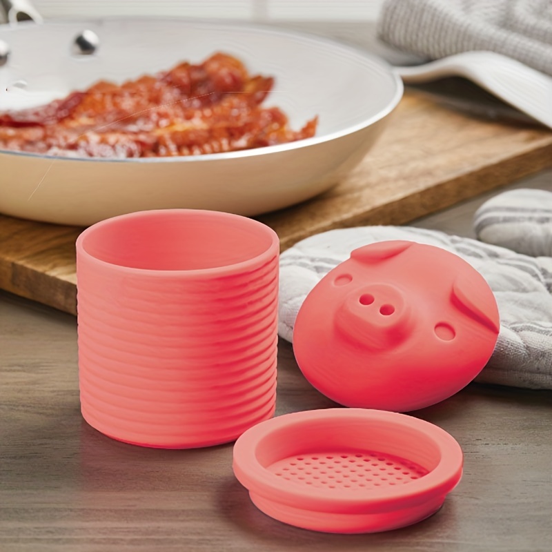 Silicone Pig Bacon Grease Holder Container with Mesh Strainer