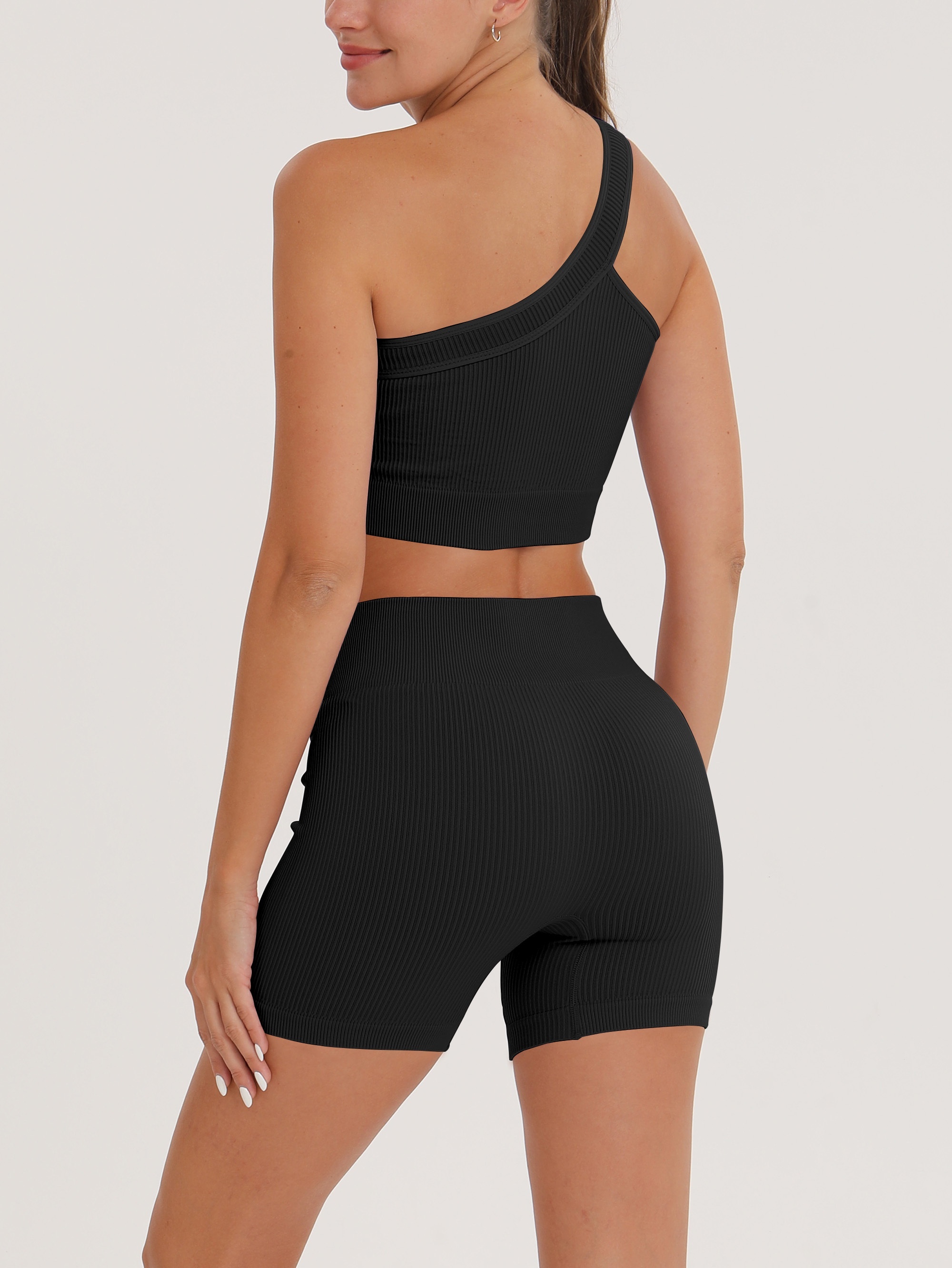 Black One-Shoulder Ribbed Sports Bra + Shorts