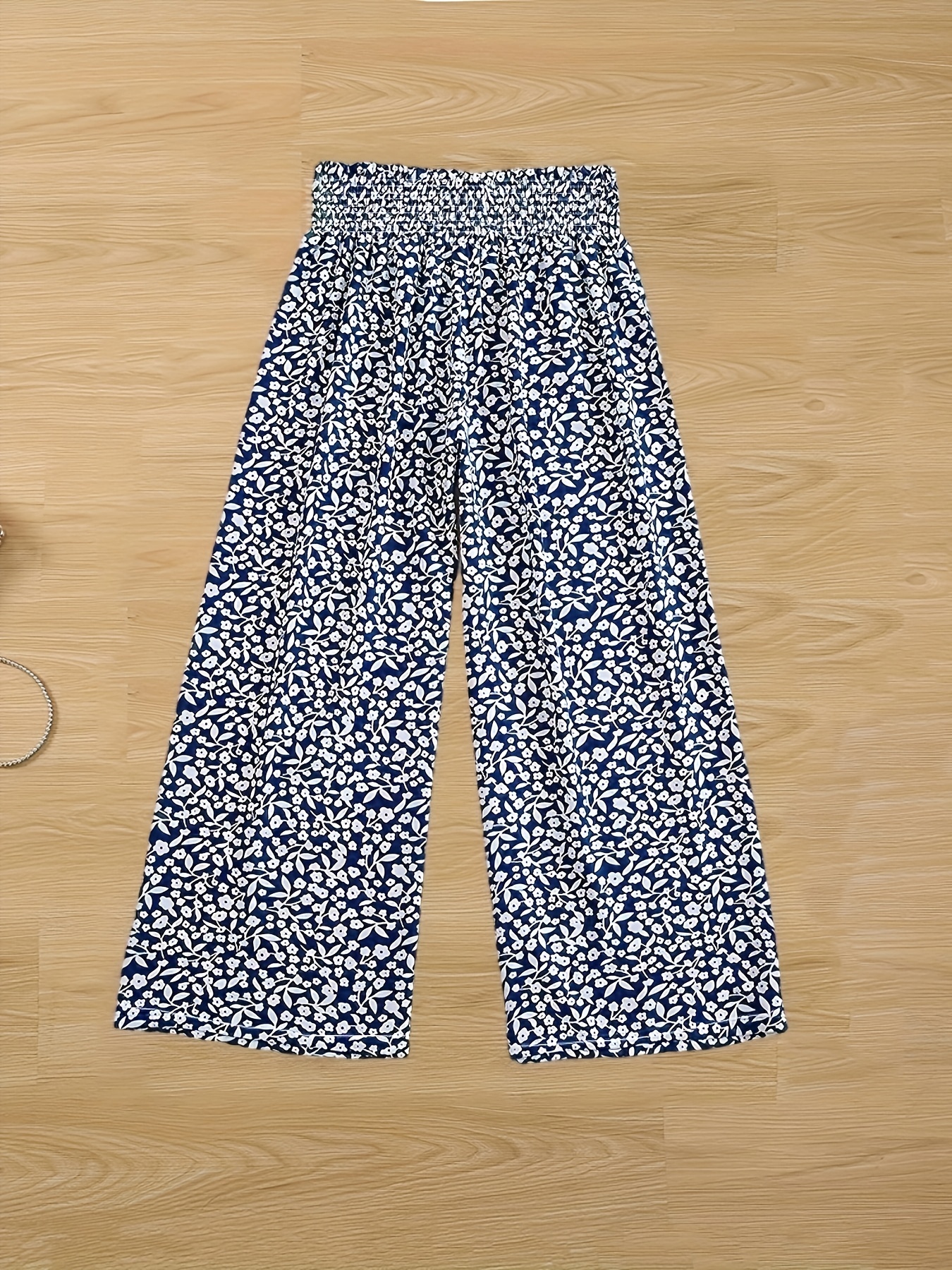 Ditsy Print Smocked Waist Wide Leg Pants for Women