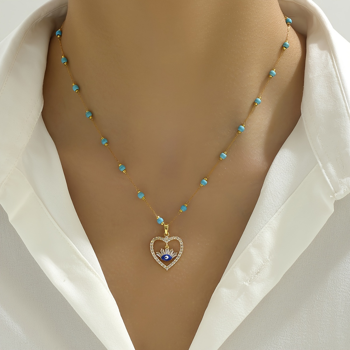 1pc Stainless Steel Necklace With Plating, Cube & Blue Beads Design, Heart  & Blue Eye Rhinestone Decor Pendant