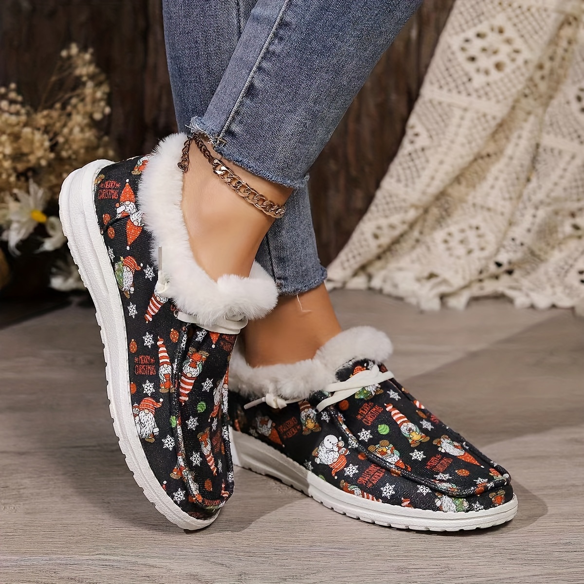 Women's Christmas Print Canvas Shoes Casual Lace Plush Lined - Temu