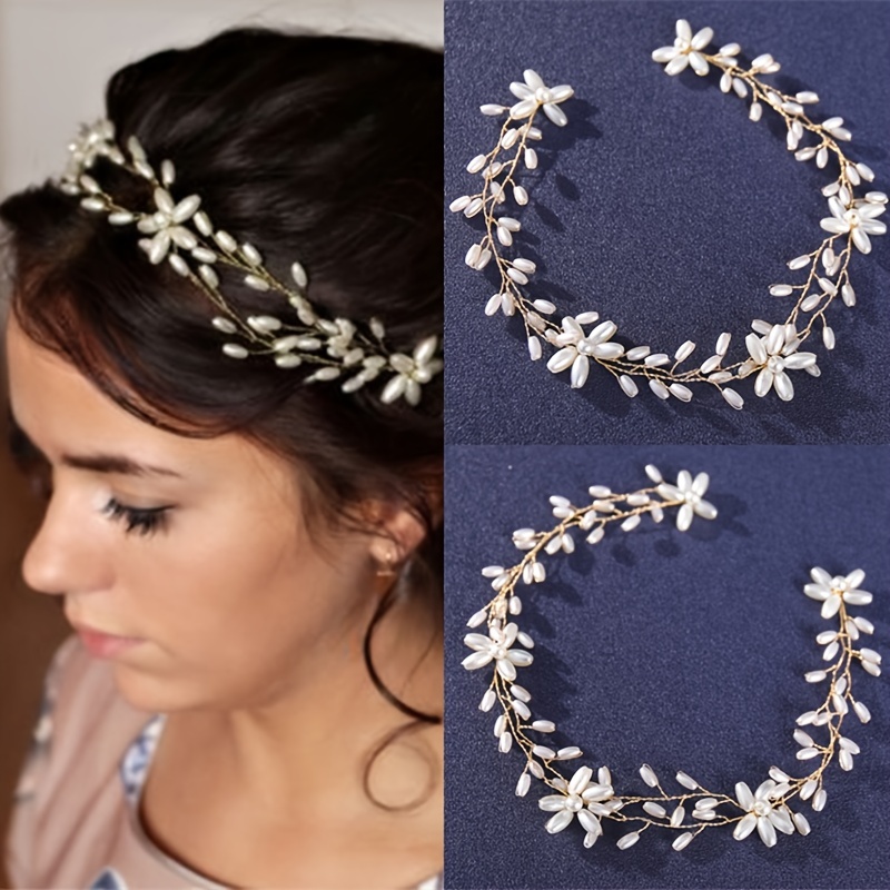 Wedding Pearl Bridal Wreath ,Flower Headband Bride Hair Vines Headwear Hair Jewelry,Golden/Silver Leaf Tiara ,Silver Rhinestone Handmade Tiara,Temu