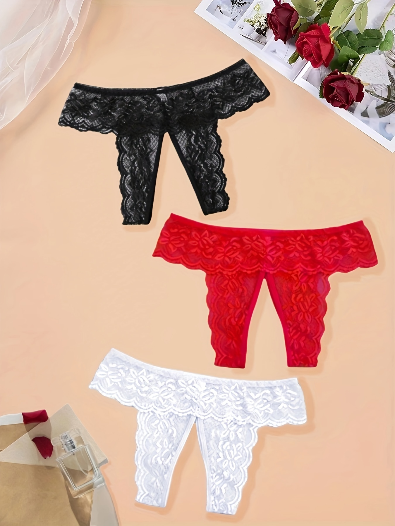 Red and Black Scalloped Lace Open Crotch Tanga Crotchless Panties