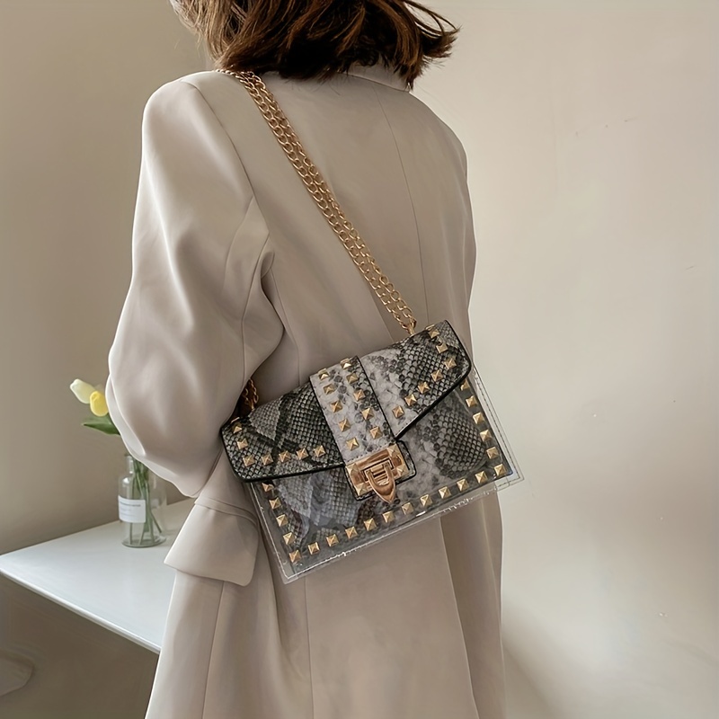 Studded Allover Print Versatile Shoulder Bag, Flap Chain Strap