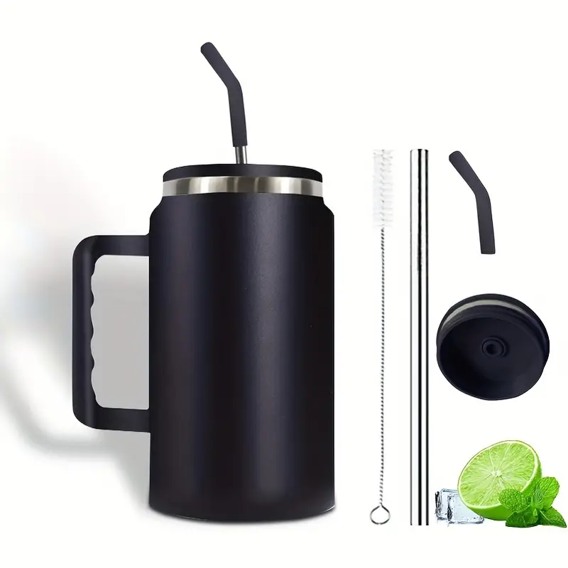 Reusable Straw Tumbler With Handle And Straw Brush -insulated Double-wall  Stainless Steel Water Bottle, Birthday Gift - Temu