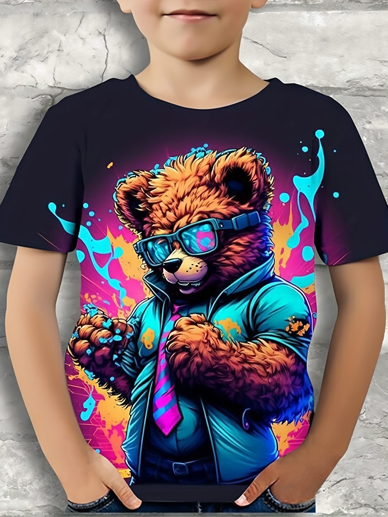 Boy's Cartoon Bear Graphic T-Shirt, 3D Digital Print, Active Slightly Stretch Short Sleeve Tee, Kid's Clothing for Summer Outdoor,Temu